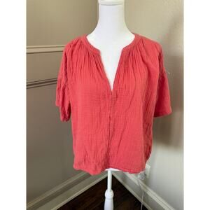 Xirena Gauze V-neck Short Sleeve Cotton Gauze Top Dark Pink Size XS